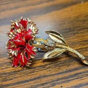 Gold-Tone Red Enamel Flower Brooch with Turquoise Accents